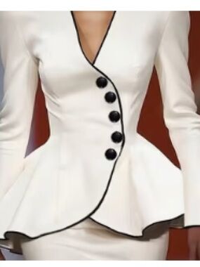 White Peplum Blouse with Black Piping & Buttons.  Small